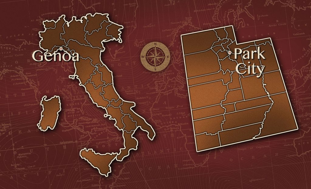 Stylized vintage map showing italy with genoa and a grid map labeled park city to the right showing the marvelli journey
