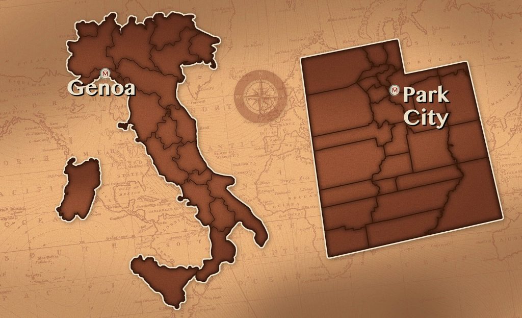 Stylized vintage map highlighting genoa in italy with an inset labeled park city