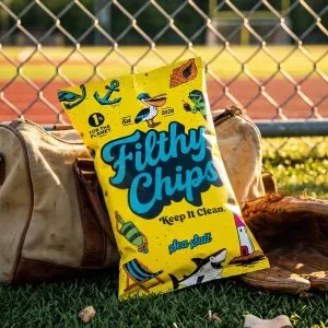 Filthy Chips Sea Salt Avocado Oil Kettle Potato Chips 2oz | Marvelli Artisan Breads Bright yellow filthy chips bag leaning on a beige bag at a chain link fence by a baseball field grassy foreground