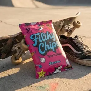 Filthy Chips Signature Avocado Oil Kettle Chips Lil Heat Lil Sweet 2oz | Marvelli Artisan Breads Bright pink bag of filthy chips snacks leaning against a skateboard and a sneaker in a skate park