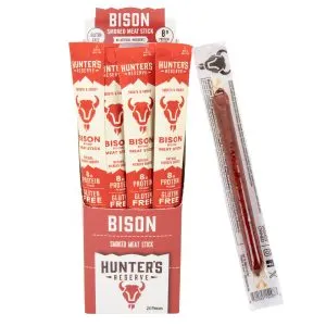 Bison Meat Sticks | Marvelli Artisan Breads Several hunters reserve bison meat sticks boxes red and white showing gluten free labeling and 8g protein per serving