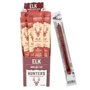 Elk Meat Sticks 24 Pack | Marvelli Artisan Breads Packaging for elk hunters reserve smoked meat sticks featuring an elk head logo and bold red orange branding gluten free